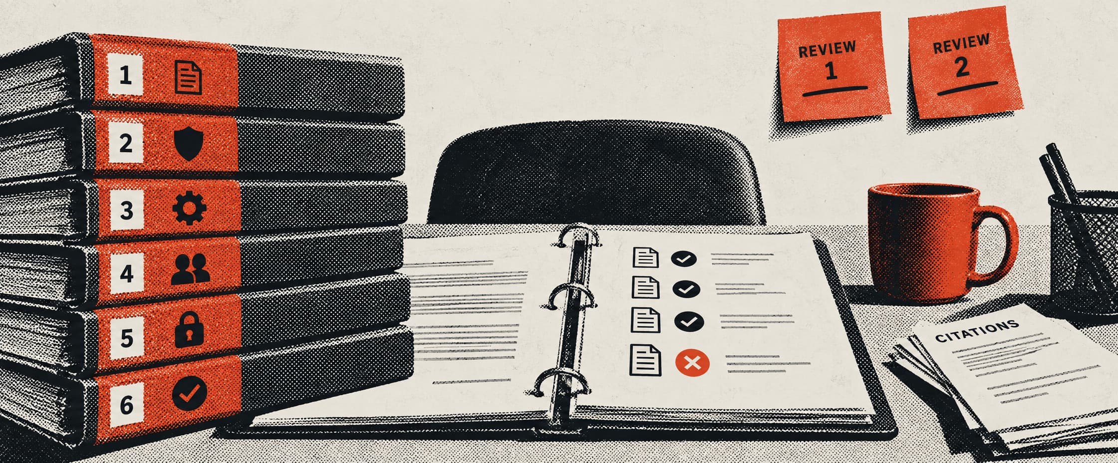A desk behind an empty chair. On the left, six numbered ring binders are stacked, each with a small icon on its spine. In the middle an open binder lists five items: four ticked, one crossed out. Two sticky notes on the wall read Review 1 and Review 2. On the right, a mug, a pen pot, and a stack of papers headed Citations.