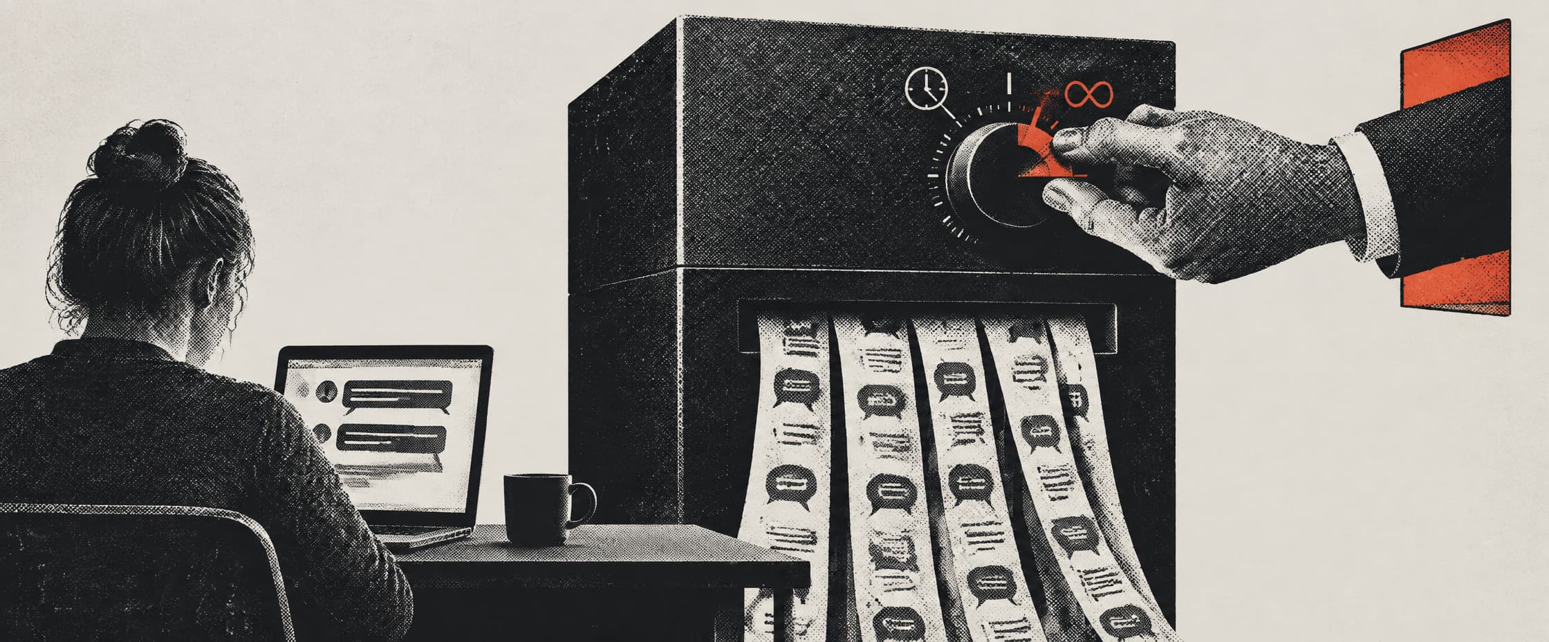 An office shredder in a corner among somebody else’s filing cabinets, a tray of papers on its lid. A hand reaching through a hatch in the wall is turning the dial on its front. The people at the desks have their backs to it.