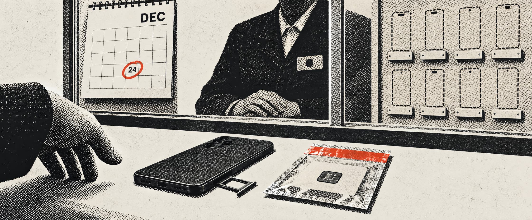 A service counter behind glass. On the customer's side a smartphone lies face down with its SIM tray pushed out, beside a sealed pouch holding a blank chip card. Behind the glass, a December calendar with one square circled, and a pegboard of empty phone-shaped outlines with nothing hanging on them.